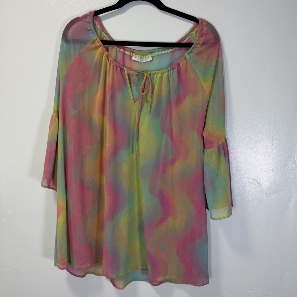 Bryn Walker Rainbow Striped Mesh Gauze Bell Sleeve Tunic Top Size Large